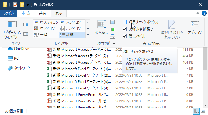 表示タブの項目チェックボックス